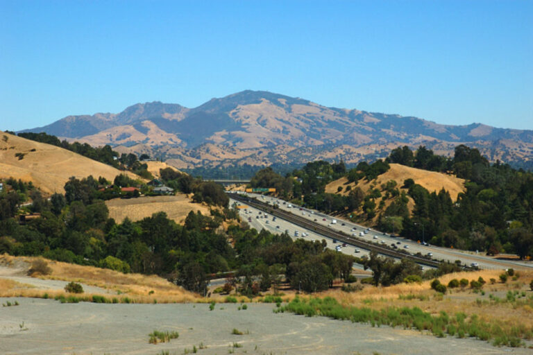 Cars travel along a freeway surrounded by dry, rolling hills and scattered trees, with a distant mountain range under a clear blue sky—a scenic route perfect for any pet lover heading to their next mobile pet grooming appointment.
