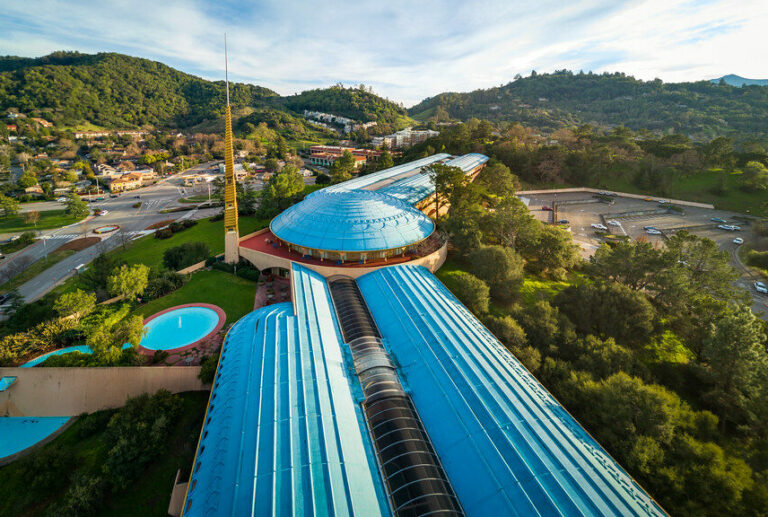 Aerial view of a large building with blue rounded roofs, a tall yellow spire, a circular pool, and surrounding trees—perfect for any pet lover seeking inspiration for a future dog groomer or mobile cat grooming business.