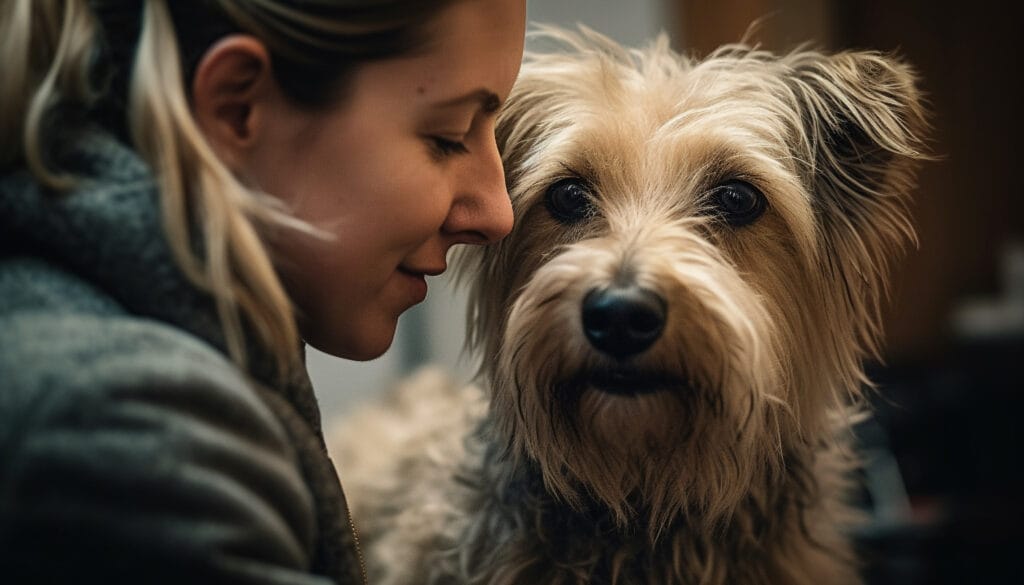 A pet lover sits close to a fluffy, light brown dog, both facing each other indoors in soft lighting—an ideal moment for mobile pet grooming.