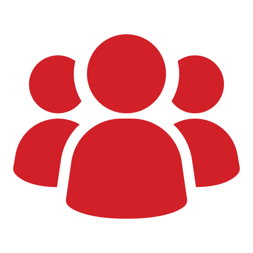 A simple red icon depicting three people, with one larger figure in front and two smaller figures behind, on a light gray background—perfect for pet lover services like mobile cat grooming or mobile dog grooming.